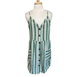 April Kiss Womens L Mini Dress Linen Blend Button Down Sleeveless Pockets Summer